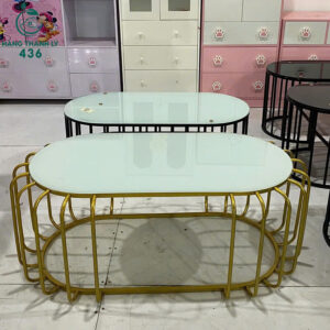 Bàn Sofa Khung Sắt Uốn Cong Mặt Kính Xanh Cũ