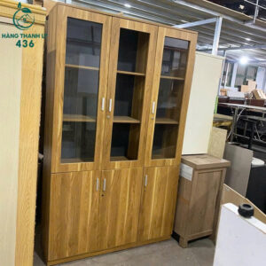 Tủ Hồ Sơ Gỗ Cũ 1M3x2M2 Màu Vàng 3 Cửa Kính