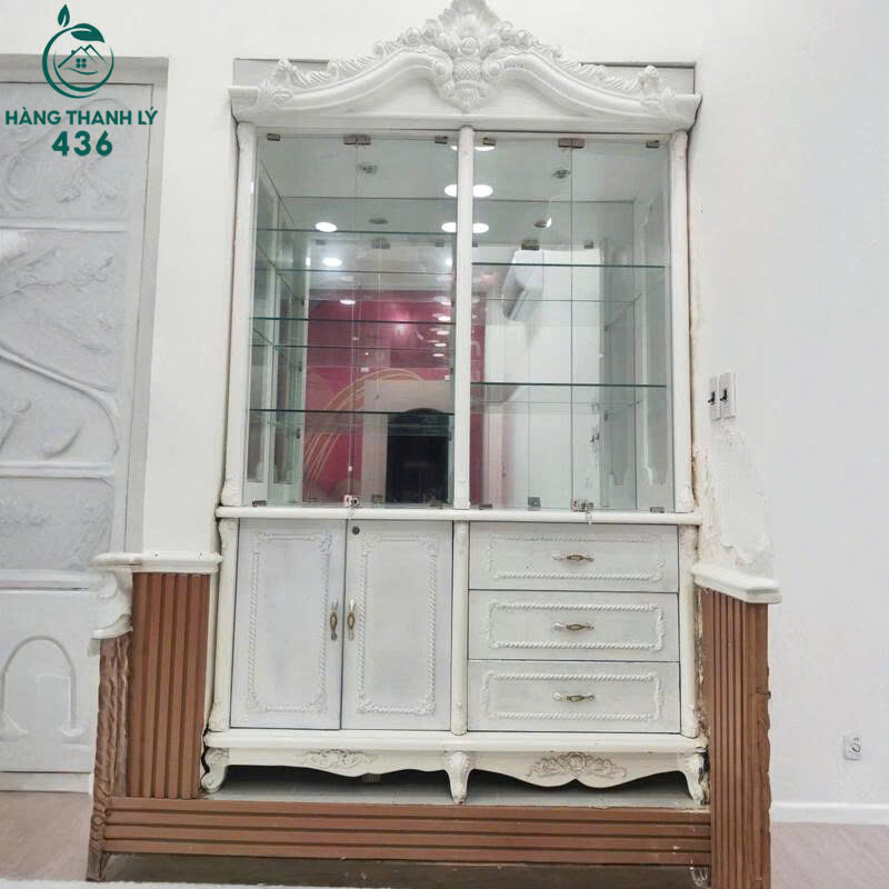 tu-trung-bay-kinh-cu-son-trang-tan-co-dien-1 Tủ Trưng Bày Kính Cũ 1M4x2M4 Sơn Trắng Tân Cổ Điển  
