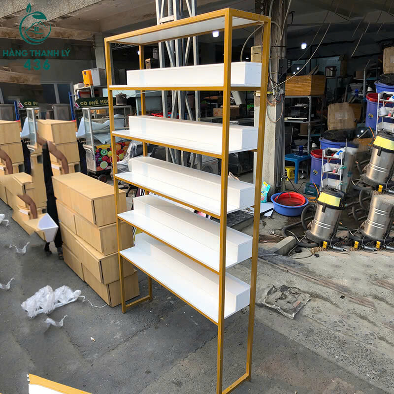 Kệ Trưng Bày Cũ 1M2x30CMx2M2 Khung Sắt Vàng Mặt Gỗ ke-trung-bay-cu-khung-sat-vang-mat-go-3 Kệ Trưng Bày Cũ 1M2x30CMx2M2 Khung Sắt Vàng Mặt Gỗ