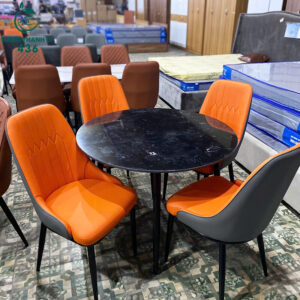 Bộ Bàn Ghế Ăn Mặt Đá Tròn Ghế Bọc Da Màu Cam Mới 99%