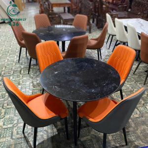 Bộ Bàn Ghế Ăn Mặt Đá Tròn Ghế Bọc Da Màu Cam Mới 99%