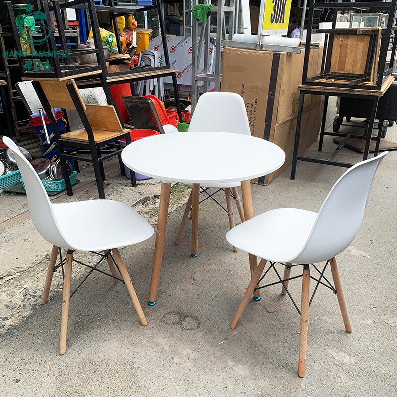 bo-ban-an-3-ghe-cu-chan-go-2 Bộ Bàn Ăn 3 Ghế Eames Cũ Chân Gỗ  