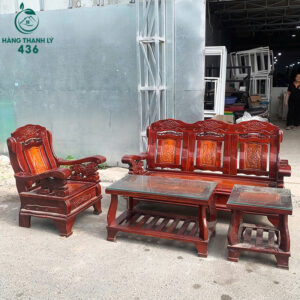 Bộ Bàn Ghế Cũ Gỗ Trạm Khắc Kèm Mặt Kính