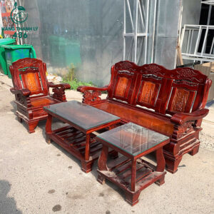 Bộ Bàn Ghế Cũ Gỗ Trạm Khắc Kèm Mặt Kính