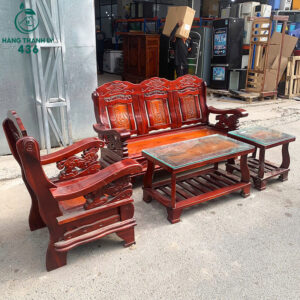 Bộ Bàn Ghế Cũ Gỗ Trạm Khắc Kèm Mặt Kính