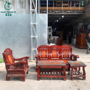 Bộ Bàn Ghế Cũ Gỗ Trạm Khắc Kèm Mặt Kính