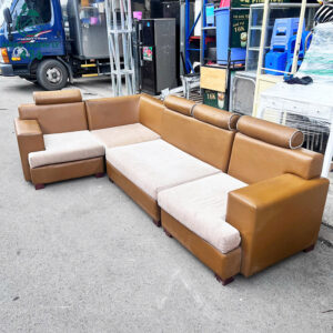 Sofa Góc L Cũ Bọc Da Nâu Kèm Nệm Vải Êm Ái