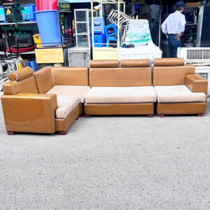 Sofa Góc L Cũ Bọc Da Nâu Kèm Nệm Vải Êm Ái