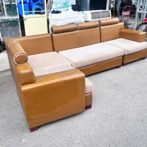 Sofa Góc L Cũ Bọc Da Nâu Kèm Nệm Vải Êm Ái