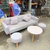 Sofa Vải Cũ Màu Xám Kèm Đôn Và Bàn Trà