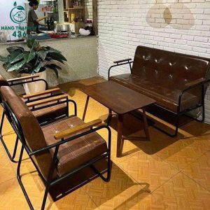 Sofa Cafe Nệm Da Nâu Khung Sắt 99%