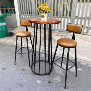 Bàn Ghế Bar Chân Cao Nệm Da Nâu 99%