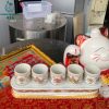 Kỷ Nước Thờ Cúng Cũ 5 Chén Sứ Trắng Hoa Văn Vàng